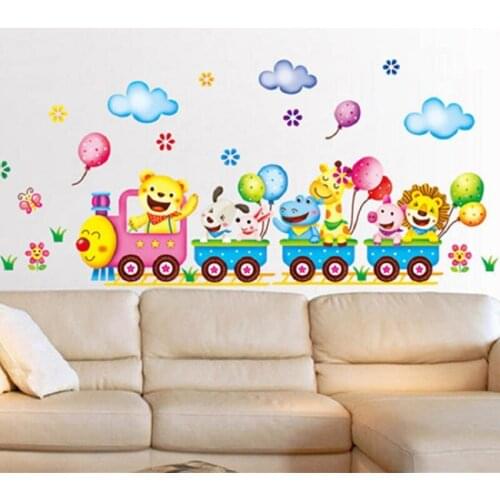 Cute cartoon animal train childrens room kindergarten decorative wall stickers PVC background wall stickers Environmental PVC