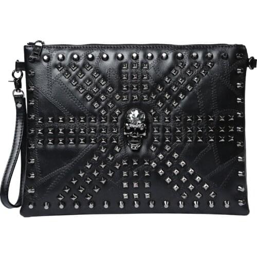 Fashion Business Style Mens Envelope Handbag Clutch Bag Leather Male Shoulder Bags Elegant Rivet Skull Hand bag Men Ipad Pouch