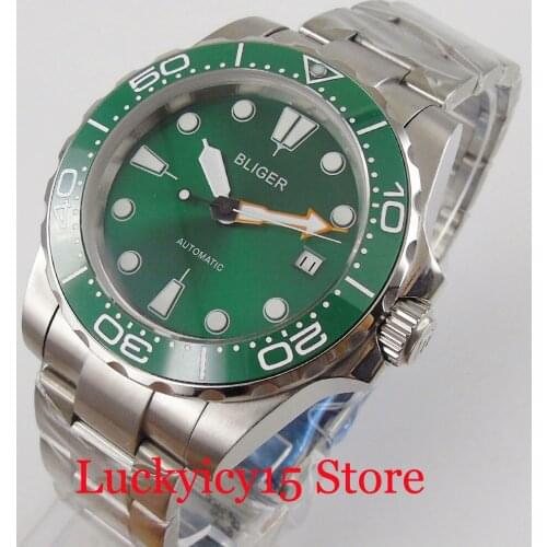 BLIGER Men Watch Sapphire Glass MIYOTA Automatic Movement Green Dial Steel Band Rotating Bezel