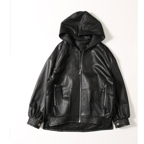 Genuine Leather 2021 Spring New Baseball Clothing Women Sheepskin Oversize Hooded Leather Coat