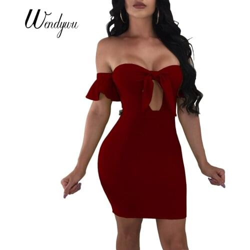 Wendywu New 2018 Womens Slash Neck Bodycon Bandage Short Sleeves Party Lace Up Dress Ladies Sexy Slim Mini Dress