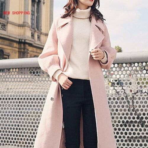 New Woolen Coat Beige Long Thick Female Fashion Pink Belt Elegant Autumn Winter Women Casual Lantern Sleeve Slim Wool Jacket
