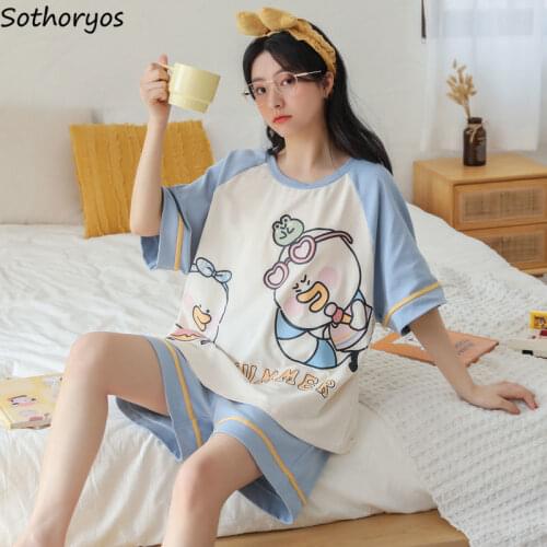 Summer Soft Pajama Sets Women Printed Loose Casual Thin Cotton Homewear for Ladies Sweet Korean Style Trendy Chic Teens Stylish