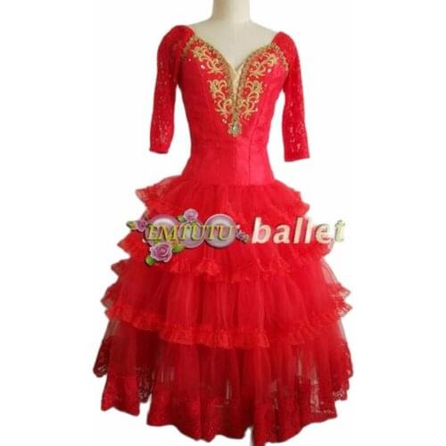 Adult Red With Gold Professional Ballet Long Tutu Dress Lace Sleeve Don Quixote Variation Spanish Kitri Romantic Ballet Tutu