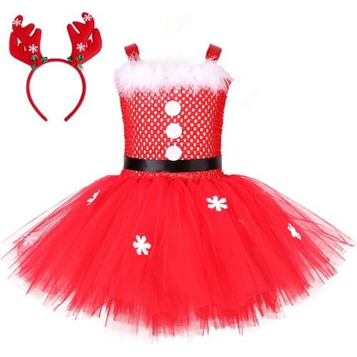 Christmas Red Tutu Dress Girls Snowflake Santa Claus Costume Kids Fluffy Tulle Dresses for New Year Carnival Ball Party Dress Up
