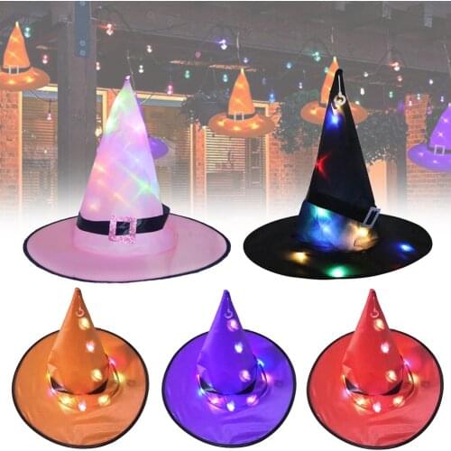 Halloween Witch Hat with LED Light Glowing Witches Hat Hanging Halloween Decor Suspension Tree Glowing Hat for Kids Supplies