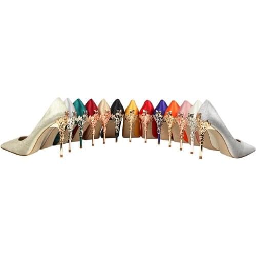 Korean fashion sexy metal with womens shoes thin heels shallow mouth pointed silk satin show thin single shoes marriage shoes