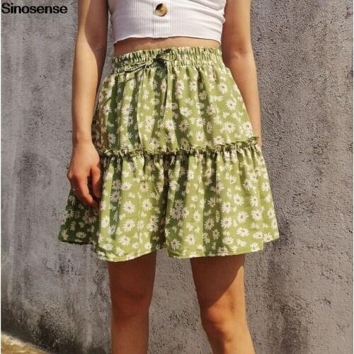 Women Summer Boho Beach Mini Skirt 2020 Floral Daisy Printed Ruffles Flared High Waist Skirt Female Casual Pleated Skirt Faldas