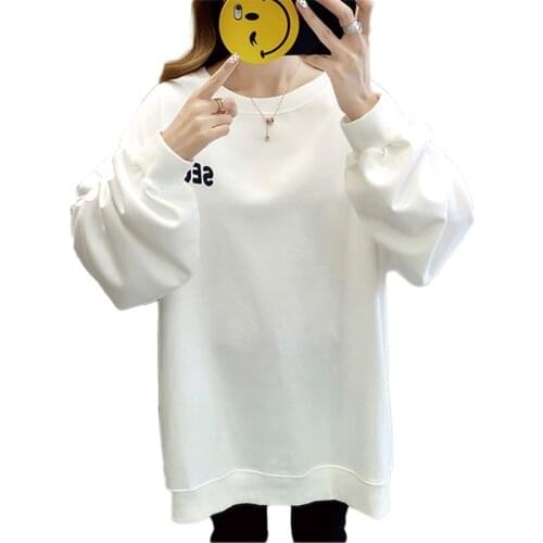QRWR 2020 Autumn Weatshirt Women Letter Embroidery Loose Oversize Lantern Sleeve Hoodies Casual O Neck Solid Color Sweatshirt