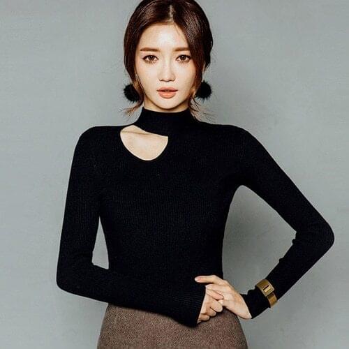 2019 New Women Fashion T-shirt Stand Collar Hollow Out Long Sleeve Sexy Black Tee Knitwear Skinny Autumn Top Free Shipping