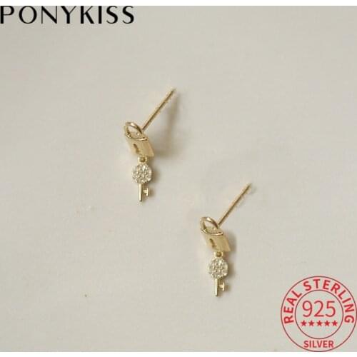 PONYKISS 100% S925 Sterling Silver Lock And Key Zircon 14K Gold Stud Earrings For Women Party Fine Jewlry Gift Drop Shipping