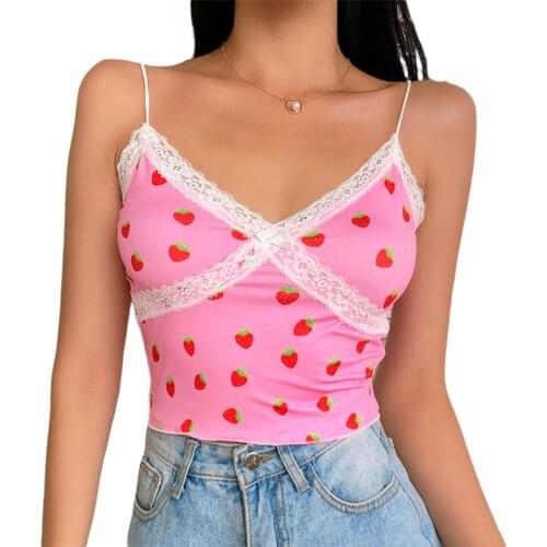Straberry Print Patchwork Lace Cami Tops Women Sexy Pink Summer Top E-girl Spaghetti Crop Top Woman V Neck Top Lace Y2K