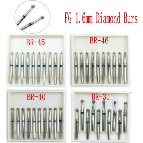 10pcs/box Diamond Dental Burs Drill FG Dia-burs 1.6mm Shank for High Speed Handpiece Burs