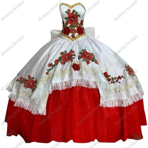 2022 Modest Red and White Ball Gown Mexican Charro Quinceanera Dresses Gold Embroidery Big Bows Floral Flowers Lace XV Cheap