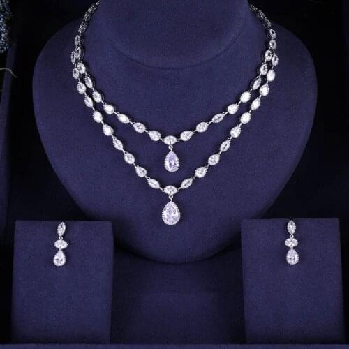 ACCKING Luxury Water drop 2 layers Cubic zircon necklace earrings jewelry set for women bridal dress dinne CZ accessory