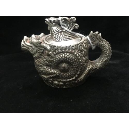 Antique QingDynasty Handmade silver Embossed dragon teapot / jug 2,Hand-carved crafts,best collection& adornment