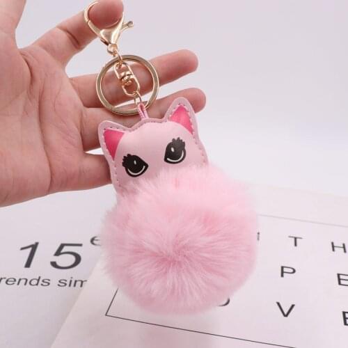 Pink Lovely Cat Hair Ball Keychain Pendant PU Leather Cartoon Cat Soft Plush Key Chains Female Kawaii Backpack Pendant Accessory