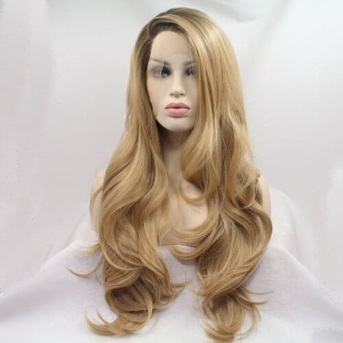 Long Natural Wave Ombre Brown Blonde Synthetic Lace Front Wigs Side Part Heat Resistant Fiber Hair Wigs For Women Replacement