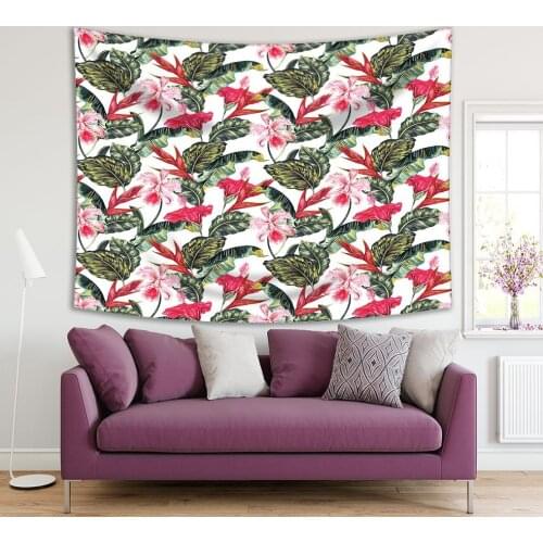 Tapestry Floral Tropical Pattern with Exotic Flowers Palm Leaves Hawaiian Jungle Nature Theme Artwork Red Green