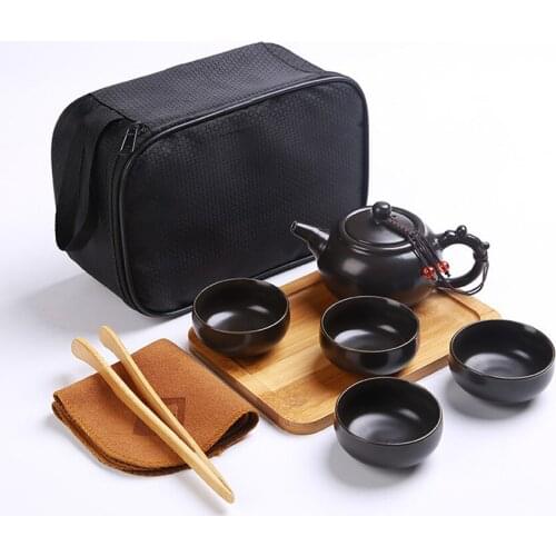 Handmade Chinese Japanese Vintage Kungfu Gongfu Tea Set Porcelain Teapot Teacups Bamboo Tea Tray Tea Mat with a Portable Bag New