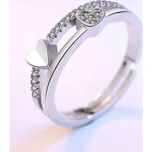 LEKANI 925 sterling silver New Woman Cubic zirconia silver ring opening the adjustable ring asymmetrical heart-shaped jewelry
