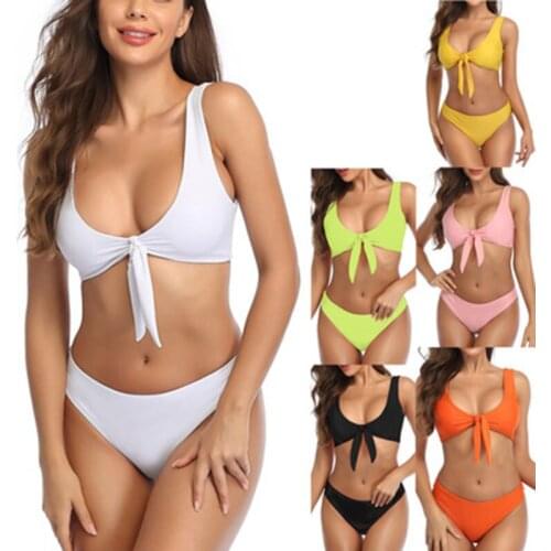 Summer Womens New Solid Color Tight Bow Swimming Sexy Printed Swimsuit Split Sports Bikini Without Steel Bracket