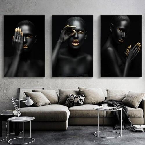 Fashion African Art Black and Gold Women Canvas Pictures Modern Light Luxury Poster Prints for Parlor Indoor Wall Painting Decor