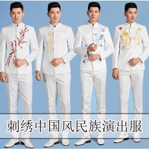 Male chinese tunic suits mens choral embroidery chinese style blue and white porcelain mens clothing costume stand collar white