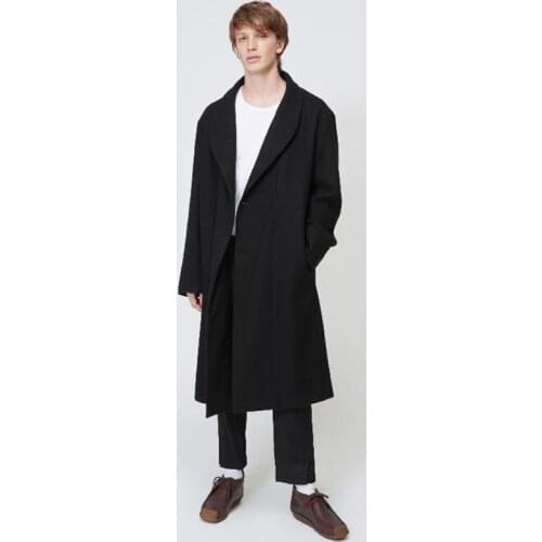 Mens woolen coat, mid-length, green fruit collar, pajama collar, belt