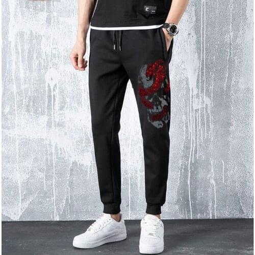 New Mens Skull Sweatpants Fitness Joggers 2020 Spring Male Side Hot drill High Street Hip Long Trousers Rhinestones Pants