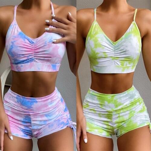 New Women Tie Dyed Printing Yoga Set Fitness Sports Suits Gym Clothing Push Up 2 Pieces Bra+Gym Short Pants Female Running Pants