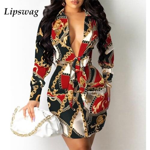 2021 Autumn Women Long Sleeve Slim Party Dresses Sexy Deep V-Neck Lace-up Mini Dress Female Elegant Pattern Printed Shirts Dress