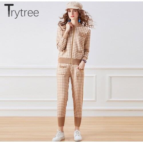 Trytree Autumn Winter Two Piece Woman Set Casual Plaid Pockets Zipper Cardigan+ Elastic Waist Pant Knitted Set Loose 2 Piece Set