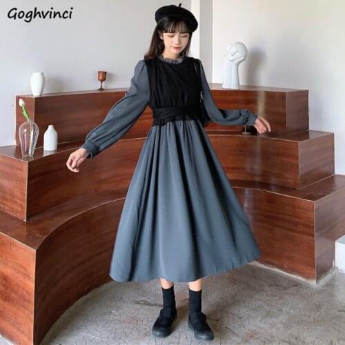 Long Sleeve Dress Womens New Design Autumn High Waist A-line Oversize Slim Spliced Temperament French Fashion Female Mid-Calf