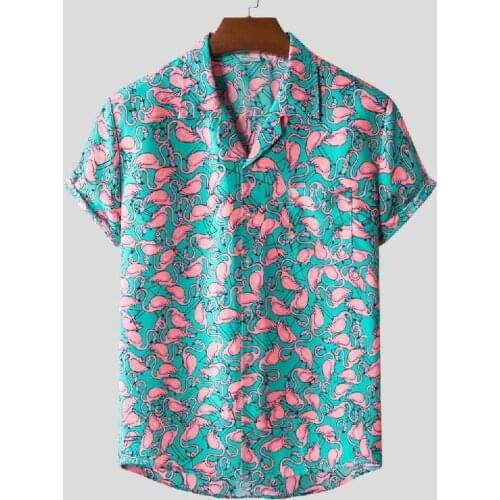Short Sleeve Flamingo Printed Beach Shirts Casual Hawaiian Aloha Shirt for Men Summer Holiday Vacation Men Clothing Camisas