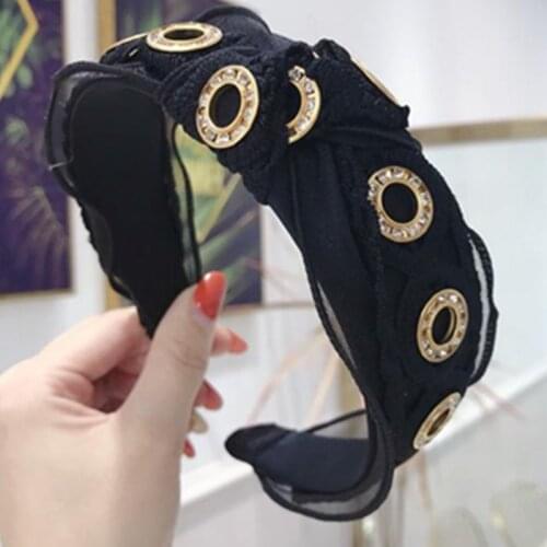 Women Hair Accessories Black Mesh Headband with Round Ring Crystals Adults Headwear Wide Hairband Knot Ladies Headdress Headband