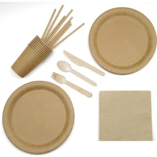 Serves 8 brown craft paper wedding birthday disposable party tableware dinnerware party supplies set paper plates cups straws