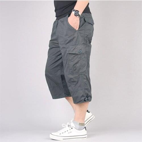 Mens Casual Long Length Cargo Shorts Multi Pocket Cotton Hot Breeches Capri Pants Tactical Military Shorts Cropped Trousers 5XL