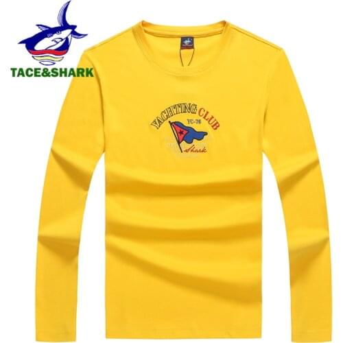 TACE&SHARK 2019 New Style Fashion Shark Brand T Shirts Men O-Neck Letter Flag Embroidery Mens Yellow T Shirts Long Sleeve