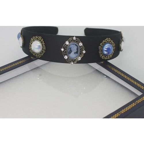 FirstStar Vintage Hair Accessories Baroque Pearl Hair Band Blue Rhinestone Crystal Headband For Women Headdress Headpiece