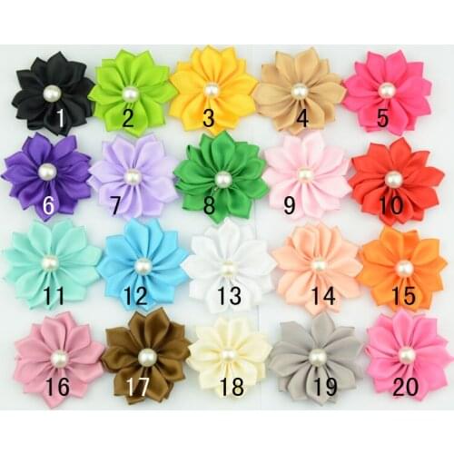 2" satin ribbon rosettes satin ribbon flower with pearl for headband hair clip,Ribbon Multilayers Flowers 120Pcs/ 20colors