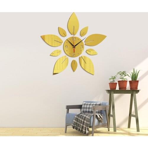 Romantic Petal Leaves Acrylic Mirror Clock Living Room Bedroom Study Decoration Mirror Wall Sticker Clock, Black, Gold, Silver