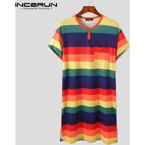 Leisure Colorful Patchwork Homewear INCERUN Fashion Striped Sleep Robes Men Short Sleeve O Neck Nightgown Man Cozy Bathrobes 5XL