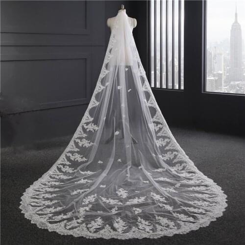 Luxury Long Bridal Veil White Ivory Wedding Veils With Comb Lace Edge Applique Elegant Cathedral Length 1 T