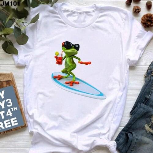 Funny Cute Cartoon Frog Print Tshirt Summer Harajuku Womens O-neck T Shirt Casual Fashion Short Sleeve White Top Female T-shirt