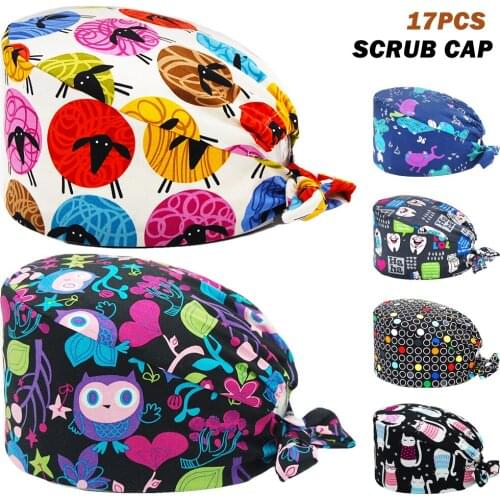 High Quality Unisex Scrub Cap 100% Cotton Breathable Adjustable Anime Printed Nursing Hat Beauty Salon Pet Shop Work Scrubs Caps