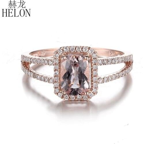 HELON Solid 14K Rose Gold 7x5mm Cushion 100% Genuine Morganite & Diamonds Engagement Ring Women Birthday Anniversarry Best Gift