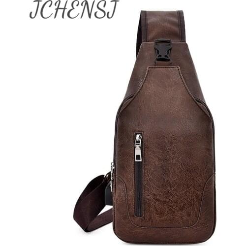 JCHENSJ Leather Mens Crossbody Bag Large Capacity Chest Bag For Men Working Travel Headphone Hole Male Shoulder Bag
