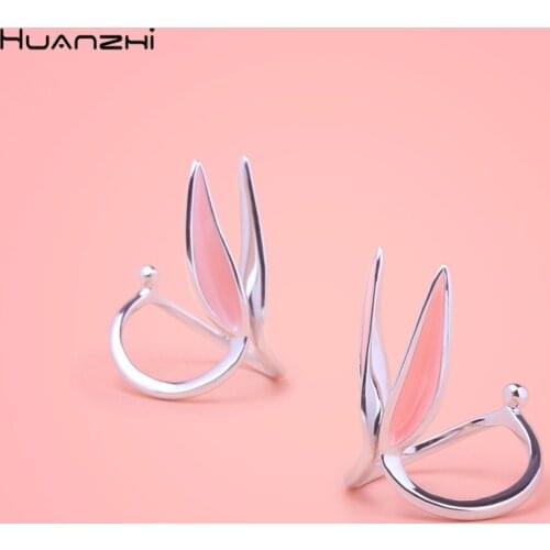 HUANZHI 2020 New Rhinestones Enamel Long Rabbit Ear Glaze Silver Color Adorable Simple Metal Rings for Women Girls Jewelry