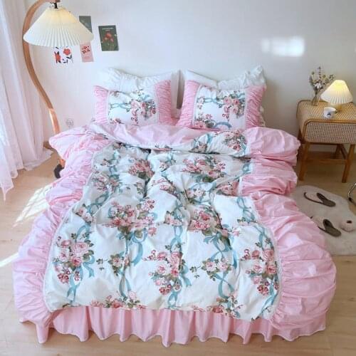 Pastoral Floral Print Bedding Set Queen King Size Pink Lace Ruffle Princess Duvet Cover Bedspread Bed Skirt 100% Cotton